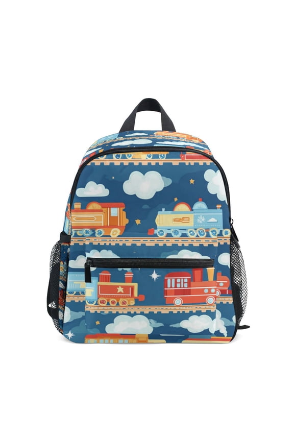 School Backpack with Front Zippered Pocket 12" Elementary Student Travel Daypack, Blue Cute Train Pattern
