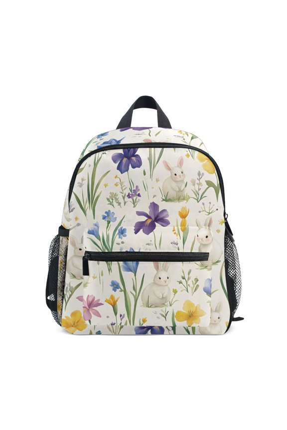 School Backpack with Front Zippered Pocket 12" Student Travel Daypack, Blue Floral Rabbit