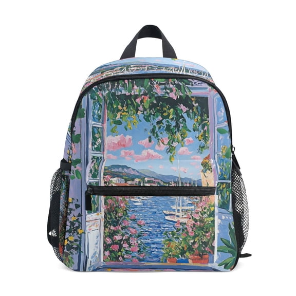 FORMRS School Backpack with Front Zippered Pocket 12" Student Travel Daypack, Blue Floral Window