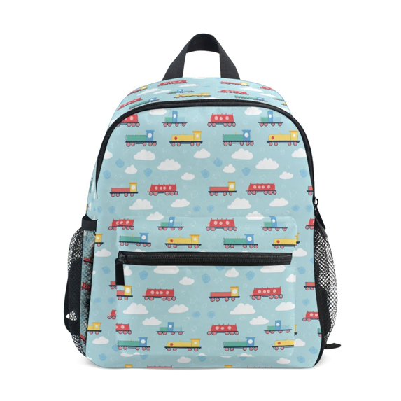FORMRS Kids School Backpack with Front Zippered Pocket 12" Student Travel Daypack, Blue Trains Pattern