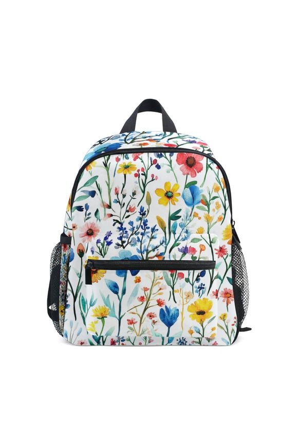 School Backpack with Front Zippered Pocket 12" Student Travel Daypack, Blue Wildflower Pattern