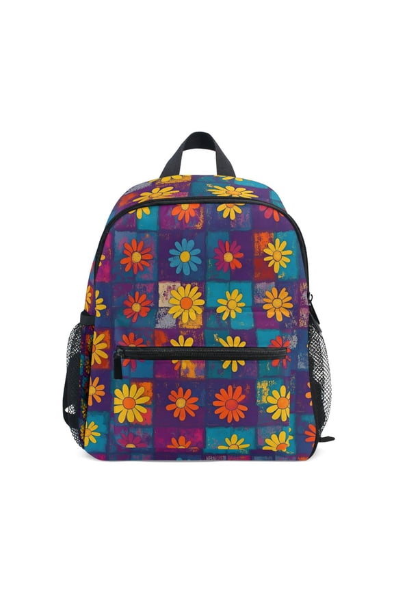 Kids School Backpack with Front Zippered Pocket 12" Student Travel Daypack, Colorful Checkered Daisy