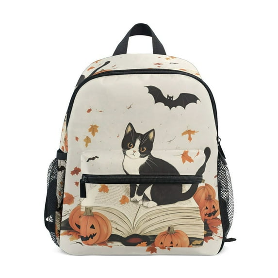 FORMRS School Backpack with Front Zippered Pocket 12" Elementary Student Travel Daypack, Gray Cartoon Halloween Cat