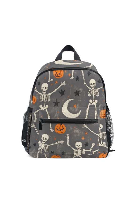 School Backpack with Front Zippered Pocket 12" Student Travel Daypack, Gray Halloween Skeleton