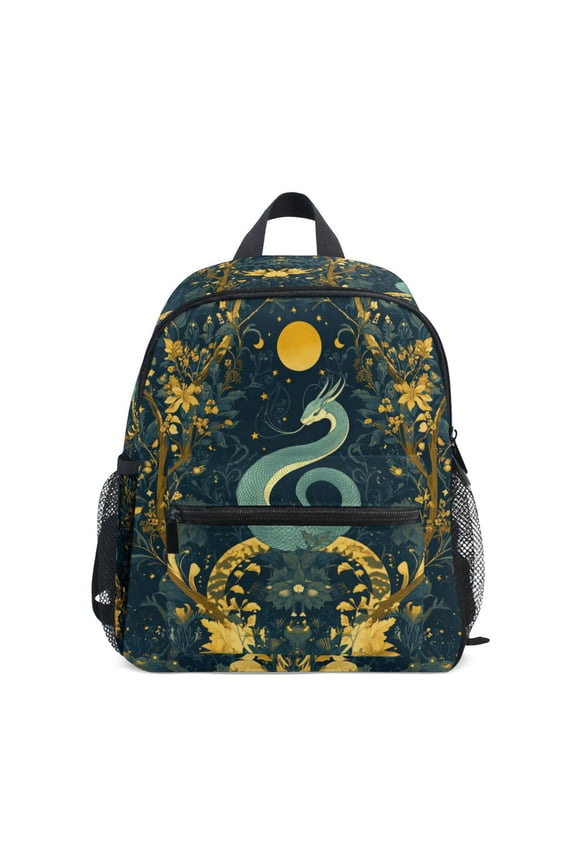 School Backpack with Front Zippered Pocket 12" Student Travel Daypack, Green Celestial Serpent