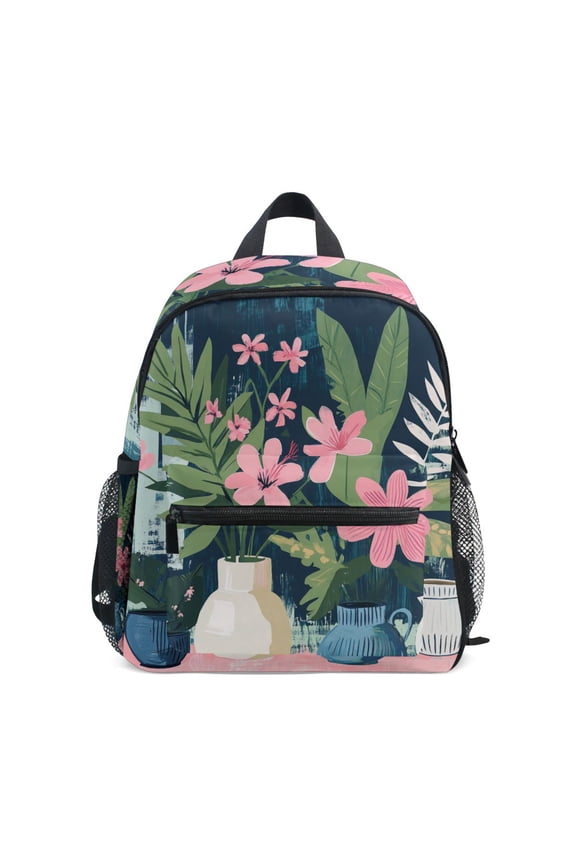 School Backpack with Front Zippered Pocket 12" Student Travel Daypack, Green Floral