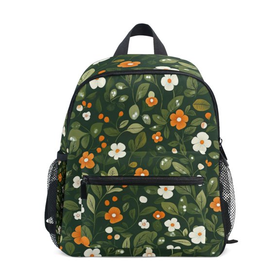 FORMRS School Backpack with Front Zippered Pocket 12" Student Travel Daypack, Green Flowers Pattern