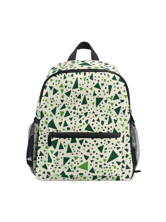 Kids School Backpack with Front Zippered Pocket 12" Student Travel Daypack, Green Triangles Pattern