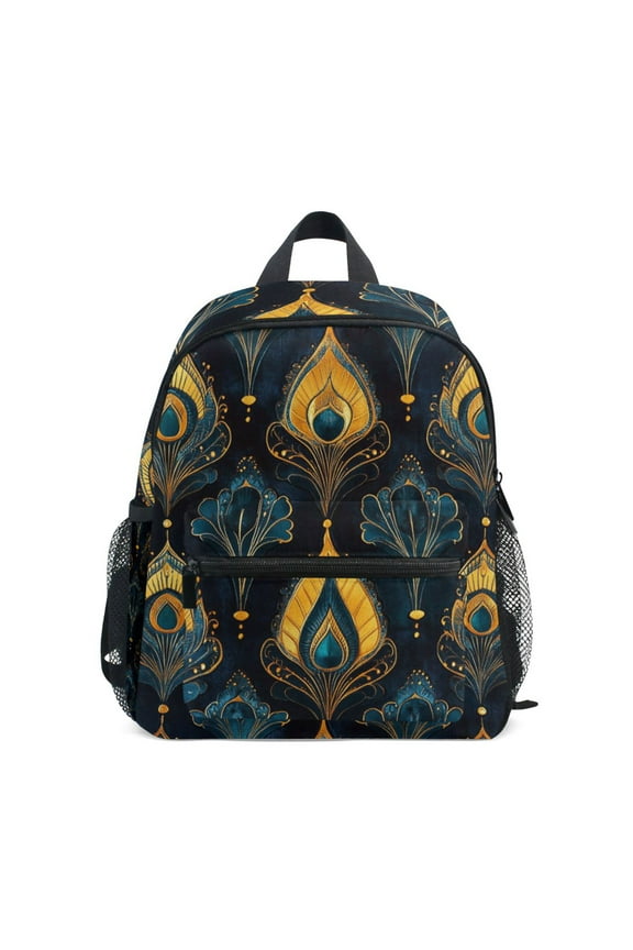 School Backpack with Front Zippered Pocket 12" Elementary Student Travel Daypack, Navy Blue Art Pattern