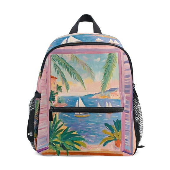 FORMRS School Backpack with Front Zippered Pocket 12" Student Travel Daypack, Pink Seaside Boat