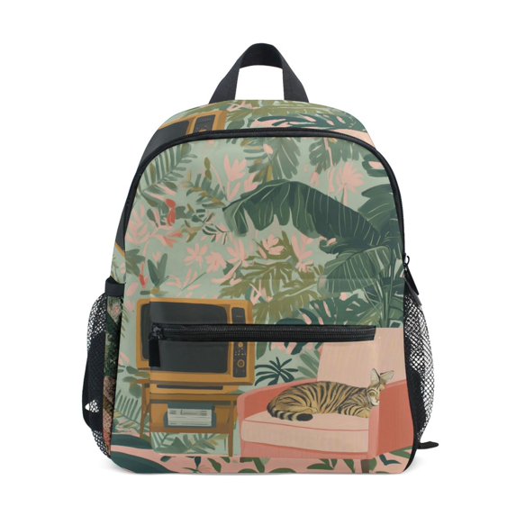 FORMRS School Backpack with Front Zippered Pocket 12" Student Travel Daypack, Pink and Green Cat