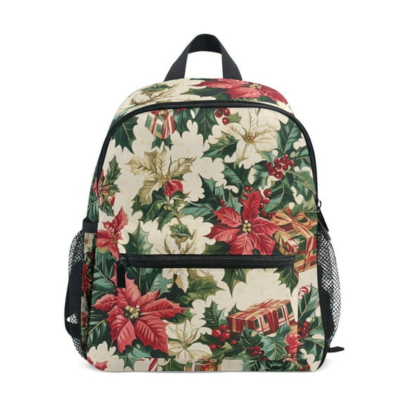FORMRS School Backpack with Front Zippered Pocket 12" Elementary Student Travel Daypack, Red Christmas Poinsettia