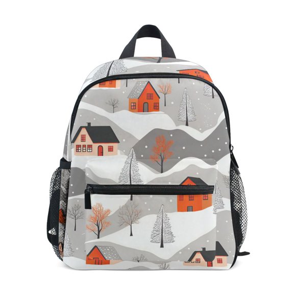 FORMRS School Backpack with Front Zippered Pocket 12" Student Travel Daypack, Snow Cartoon Houses