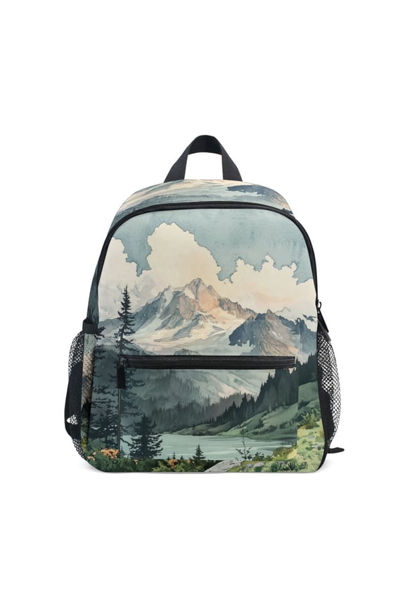 School Backpack with Front Zippered Pocket 12" Student Travel Daypack, Watercolor Mountatin
