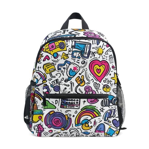 FORMRS School Backpack with Front Zippered Pocket 12" Student Travel Daypack, White Doodle Pattern