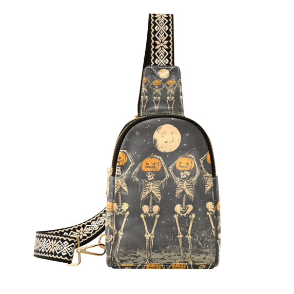 FORMRS Womens Crossbody Sling Bag Travel Daypack Shoulder Chest Backpack, Beige Halloween Skeleton