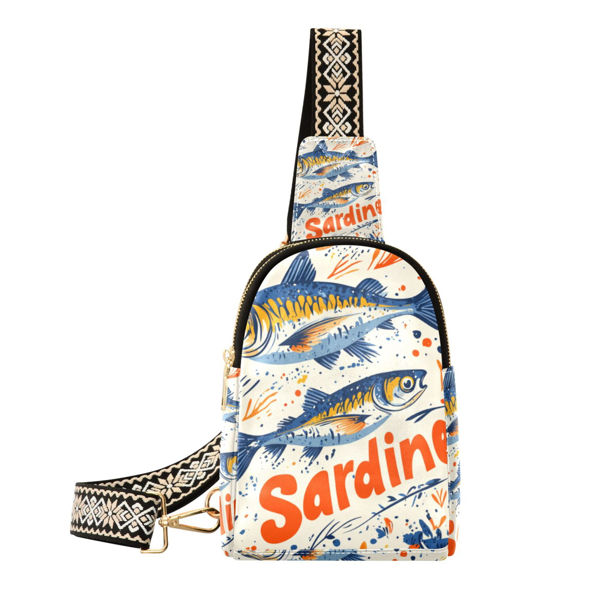 FORMRS Womens Crossbody Sling Bag Travel Daypack Shoulder Chest Backpack, Blue Sardines Pattern