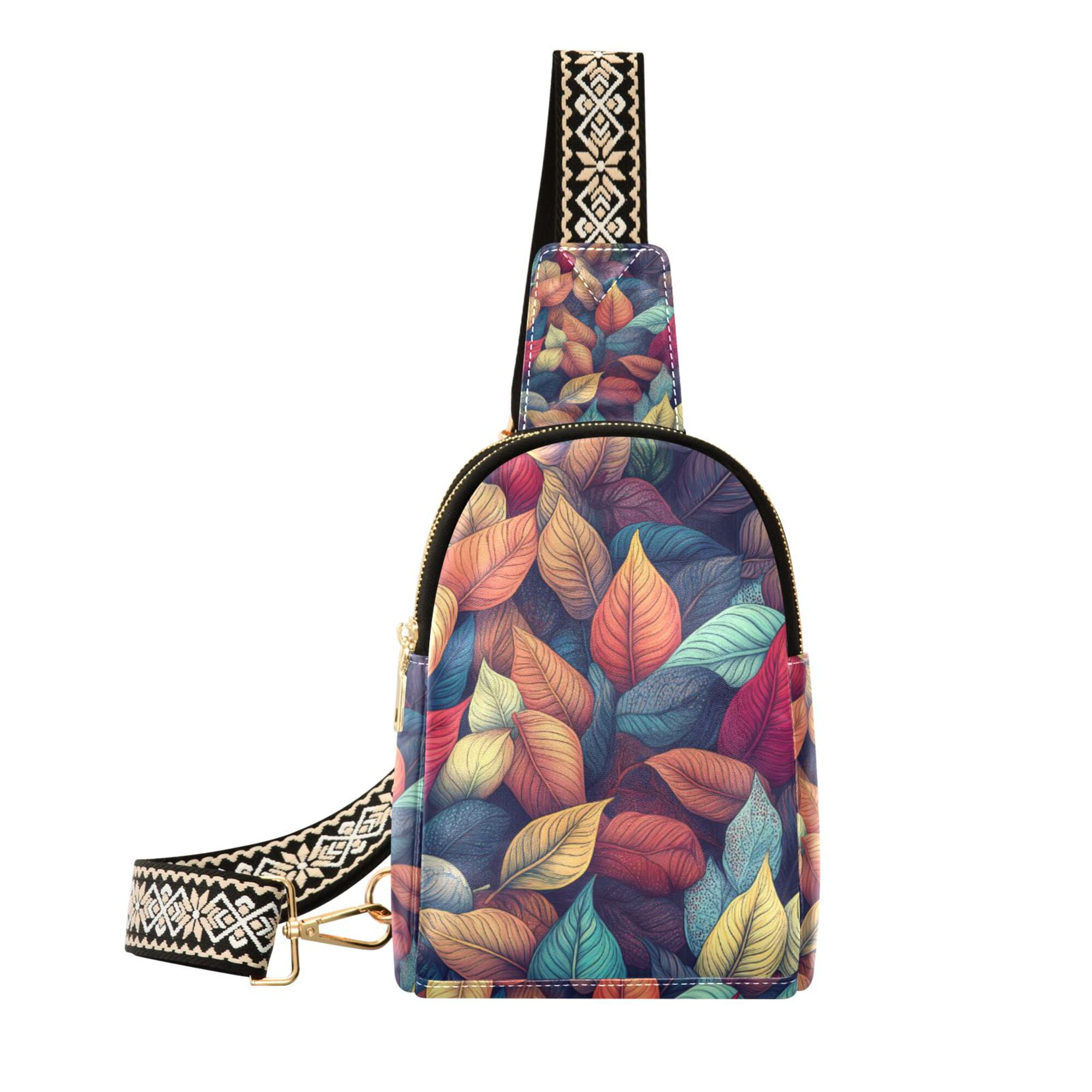 FORMRS Womens Crossbody Sling Bag Travel Daypack Shoulder Chest Backpack, Blue Vibrant Leaves Pattern