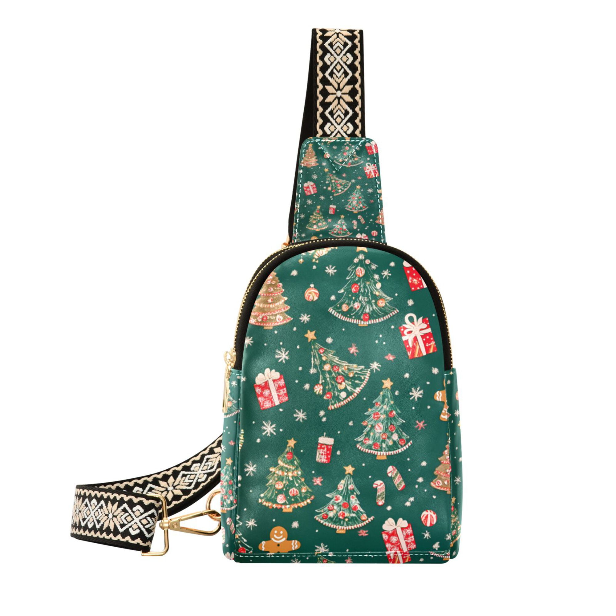 FORMRS Womens Crossbody Sling Bag Travel Daypack Shoulder Chest Backpack, Green Christmas Gingerbread