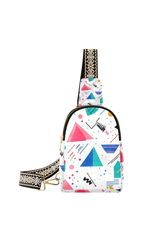 Womens Crossbody Sling Bag Travel Daypack Shoulder Chest Backpack, Green Retro Triangles