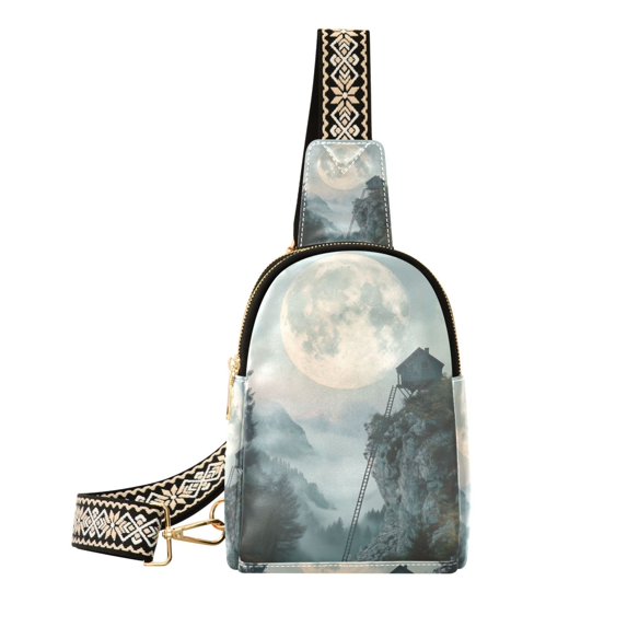 FORMRS Womens Crossbody Sling Bag Travel Daypack Shoulder Chest Backpack, Moon and House