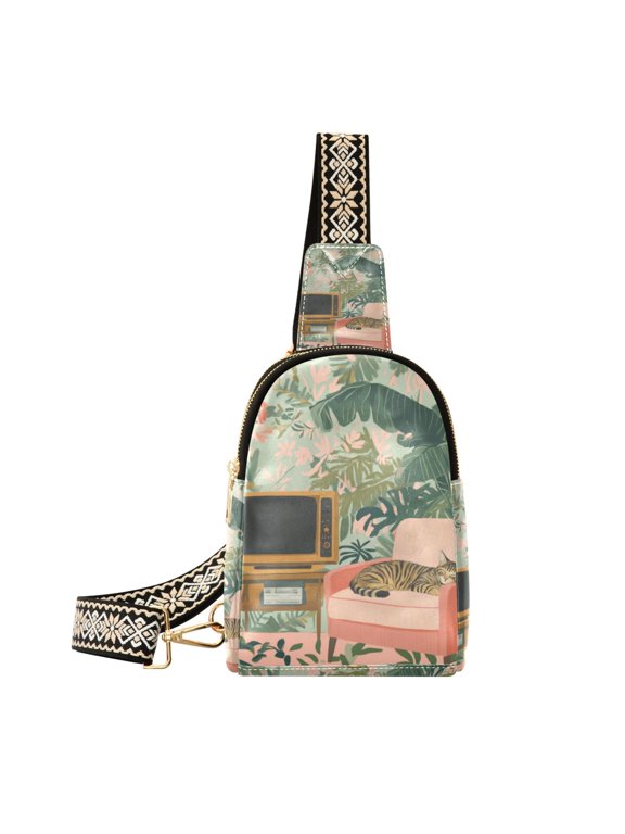Womens Crossbody Sling Bag Travel Daypack Shoulder Chest Backpack, Pink and Green Cat