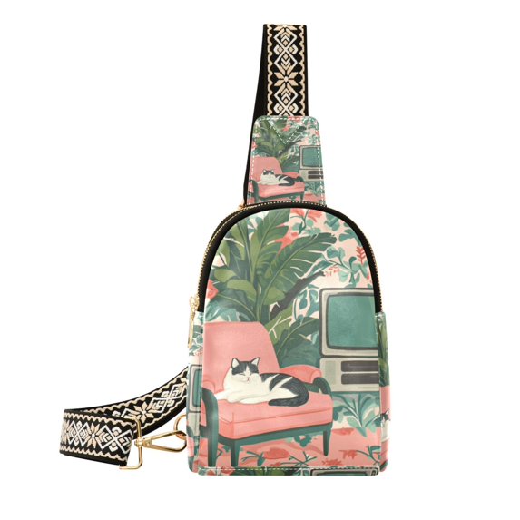 FORMRS Womens Crossbody Sling Bag Travel Daypack Shoulder Chest Backpack, Pink and White Cat