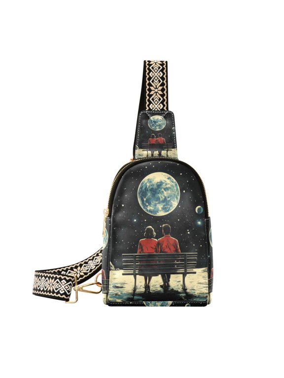 Womens Crossbody Sling Bag Travel Daypack Shoulder Chest Backpack, Red Sitting on The Moon