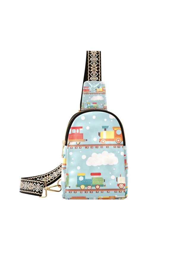 Womens Crossbody Sling Bag Travel Daypack Shoulder Chest Backpack, Red Trains Pattern