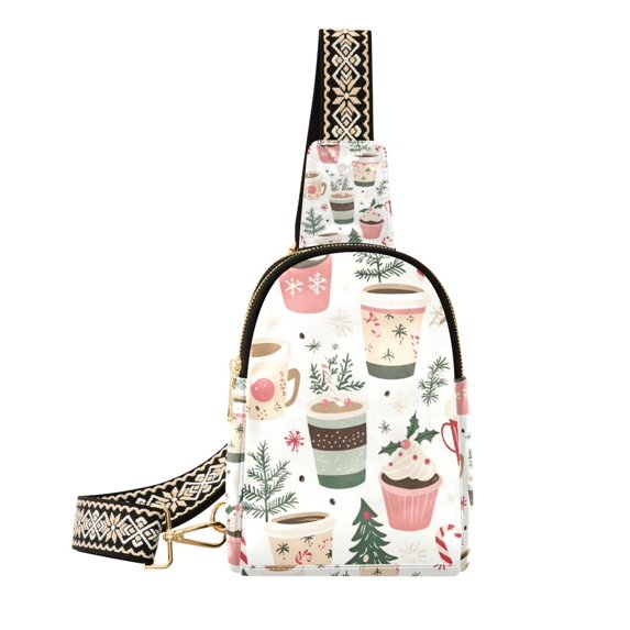 FORMRS Womens Crossbody Sling Bag Travel Daypack Shoulder Chest Backpack, White Christmas Cups