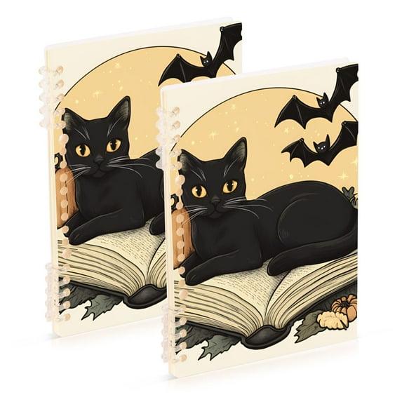 FORMRS 1-Subject Spiral Notebook 8" x 5" College Ruled 60 Refillable Sheet A5 Hard Cover, Beige Halloween Cat