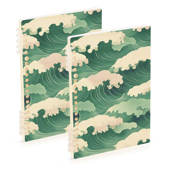 FORMRS 1-Subject Spiral Notebook 8" x 5" College Ruled 60 Refillable Sheet A5 Hard Cover, Green Wave Pattern