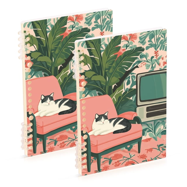 FORMRS 1-Subject Spiral Notebook 8" x 5" College Ruled 60 Refillable Sheet A5 Hard Cover, Pink and White Cat