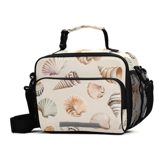 FORMRS Student Insulated Lunch Bag with Shoulder Strap Reusable Cooler Box for School, Green Watercolor Seashells