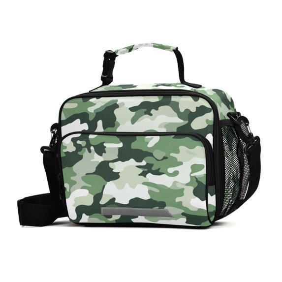 FORMRS Student Lunch Bag Insulated Reusable Cooler Box with Zipper Pockets, Army Green Camouflage Pattern