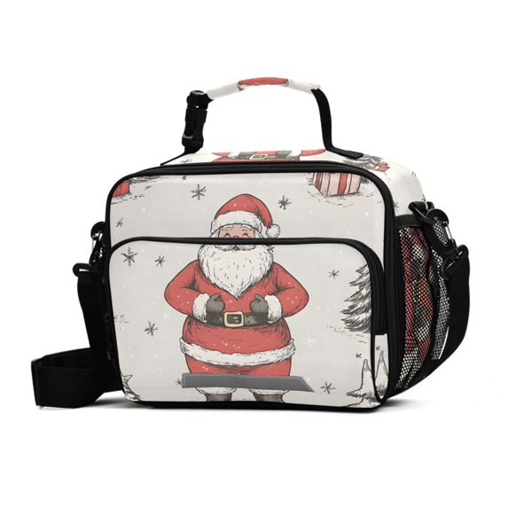 FORMRS Student Insulated Lunch Bag with Shoulder Strap Reusable Cooler Box for School, Beige Christmas Santa