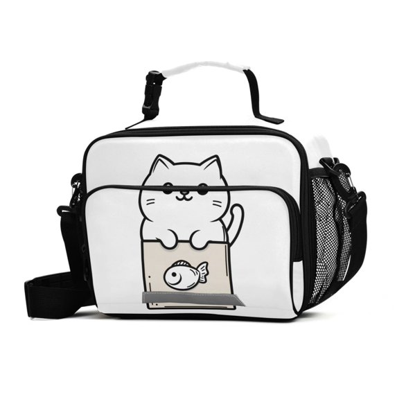 FORMRS Student Insulated Lunch Bag with Shoulder Strap Reusable Cooler Box for School, Beige Chubby Cat