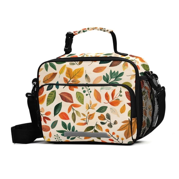 FORMRS Student Insulated Lunch Bag with Shoulder Strap Reusable Cooler Box for School, Beige Retro Leaves
