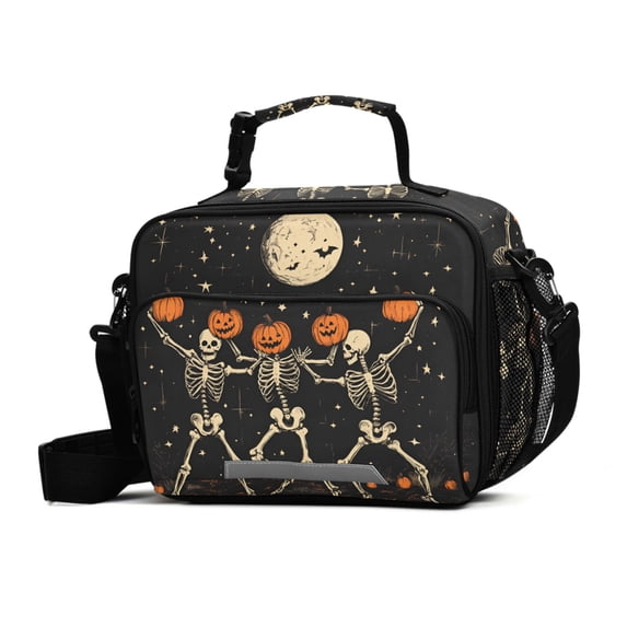 FORMRS Student Insulated Lunch Bag with Shoulder Strap Reusable Cooler Box for School, Black Halloween Dancing Skeleton