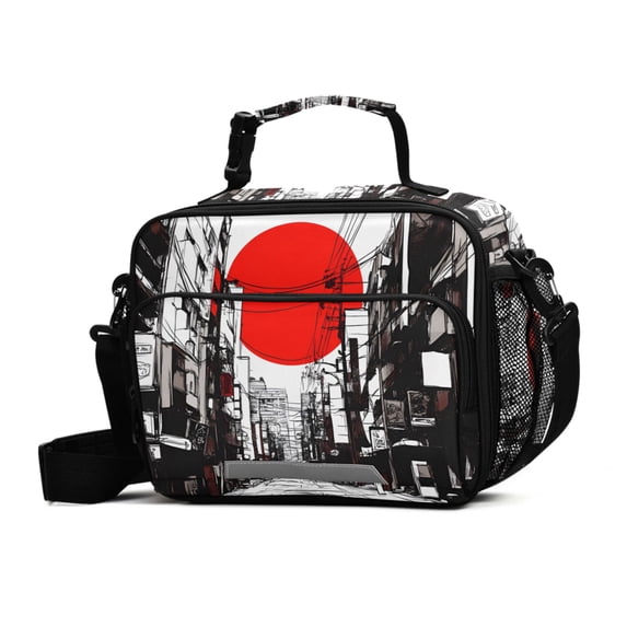 FORMRS Student Insulated Lunch Bag with Shoulder Strap Reusable Cooler Box for School, Black Streets
