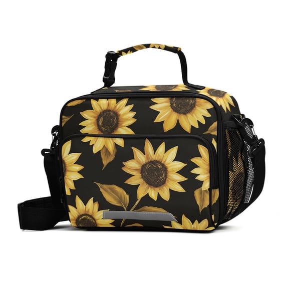 FORMRS Student Insulated Lunch Bag with Shoulder Strap Reusable Cooler Box for School, Black Sunflower Pattern