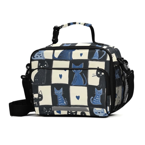 FORMRS Student Insulated Lunch Bag with Shoulder Strap Reusable Cooler Box for School, Black and Blue Cat