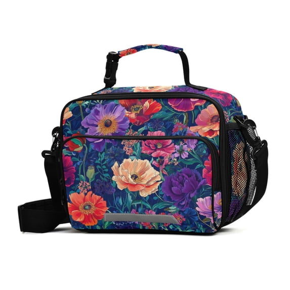 FORMRS Student Insulated Lunch Bag with Shoulder Strap Reusable Cooler Box for School, Blooming Flowers Pattern