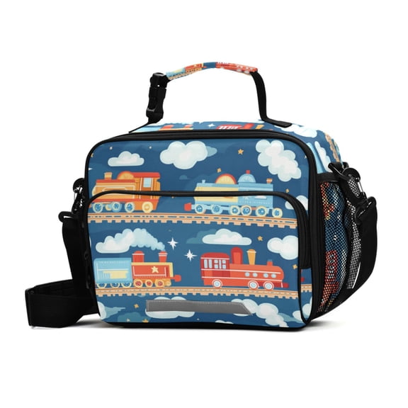 FORMRS Student Lunch Bag Insulated Reusable Cooler Box with Zipper Pockets, Blue Cute Train Pattern