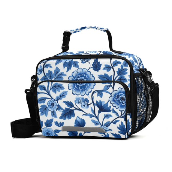 FORMRS Student Insulated Lunch Bag with Shoulder Strap Reusable Cooler Box for School, Blue Floral Pattern
