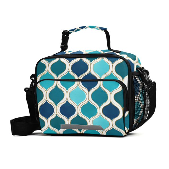 FORMRS Student Lunch Bag Insulated Reusable Cooler Box with Zipper Pockets, Blue Geometric Pattern