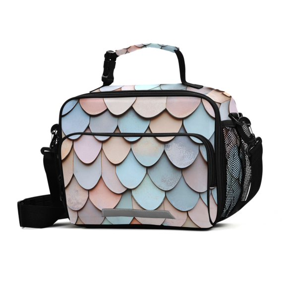 FORMRS Student Insulated Lunch Bag with Shoulder Strap Reusable Cooler Box for School, Blue Shimmering Pattern