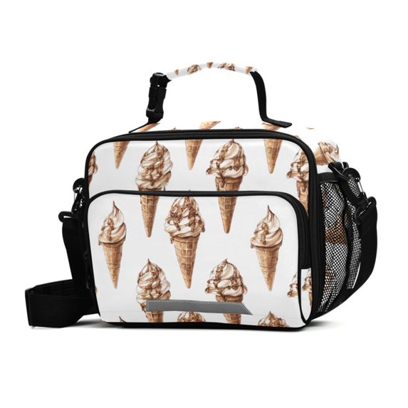 FORMRS Student Insulated Lunch Bag with Shoulder Strap Reusable Cooler Box for School, Brown Ice Cream Pattern