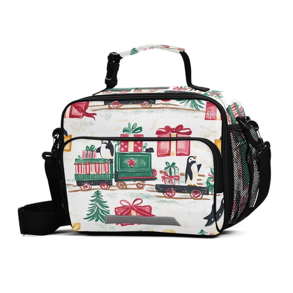 FORMRS Student Lunch Bag Insulated Reusable Cooler Box with Zipper Pockets, Christmas Train