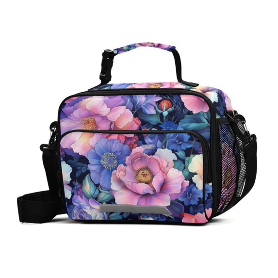 FORMRS Student Insulated Lunch Bag with Shoulder Strap Reusable Cooler Box for School, Colorful Art Flowers